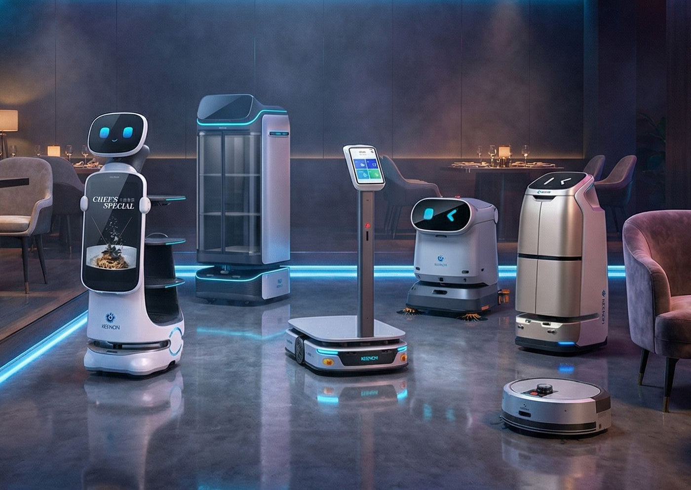 Serviceroboter und Reinigungsroboter in einem Restaurant