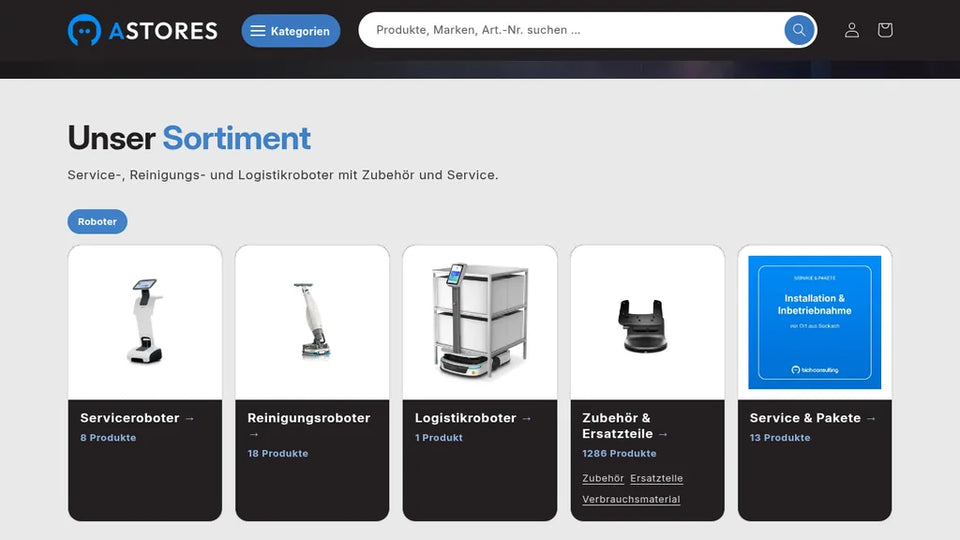 Startseite des B2B-Shops astores.de mit Suchfeld und Sortiment