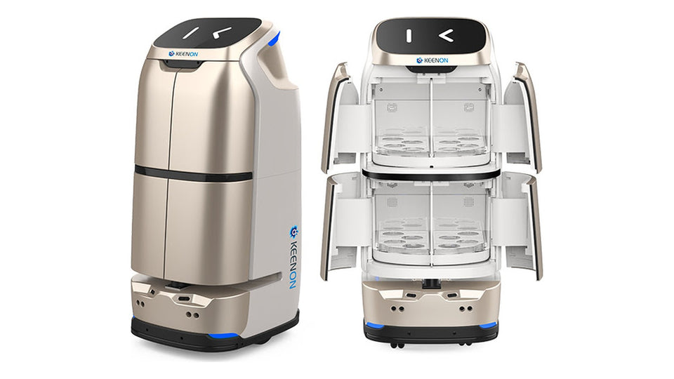 Keenon BUTLERBOT W3 Lieferroboter, geschlossen und mit geöffneten Fächern