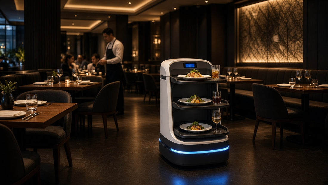 Servierroboter bringt Speisen und Getränke an den Tisch in einem Restaurant – Serviceroboter in Gastronomie und Hotel