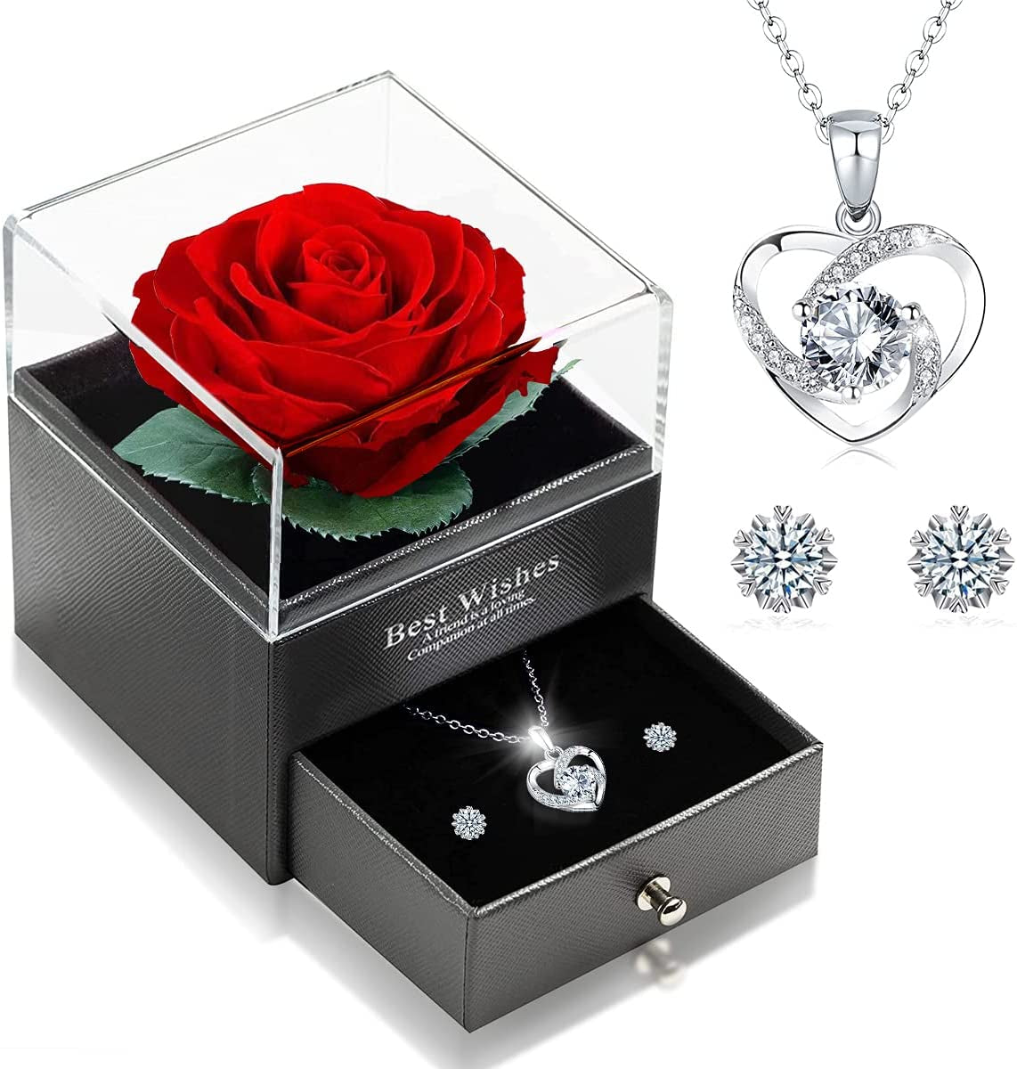 Ewige Echte Rose Mit Herz Halskette Und Ohrringe Aus 925 Sterlingsilber, Infinity Rosen, Schmuck Geschenkbox, Rosenbox Geburtstag, Valentinstag, Hochzeitstag Geschenke Für Sie Freundin Frauen