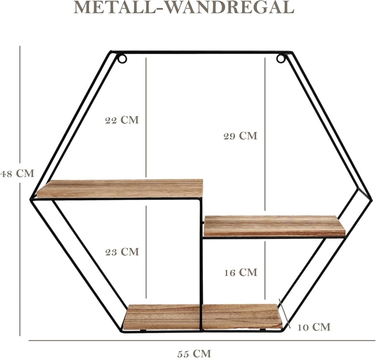 Vivol Metall Wandregal Schwarz Mit 3 Holzböden - Sechseck - 48X55X10 Cm - Hängend Metallregal - Wanddeko Für Wohnzimmer, Schlafzimmer Und Kinderzimmer