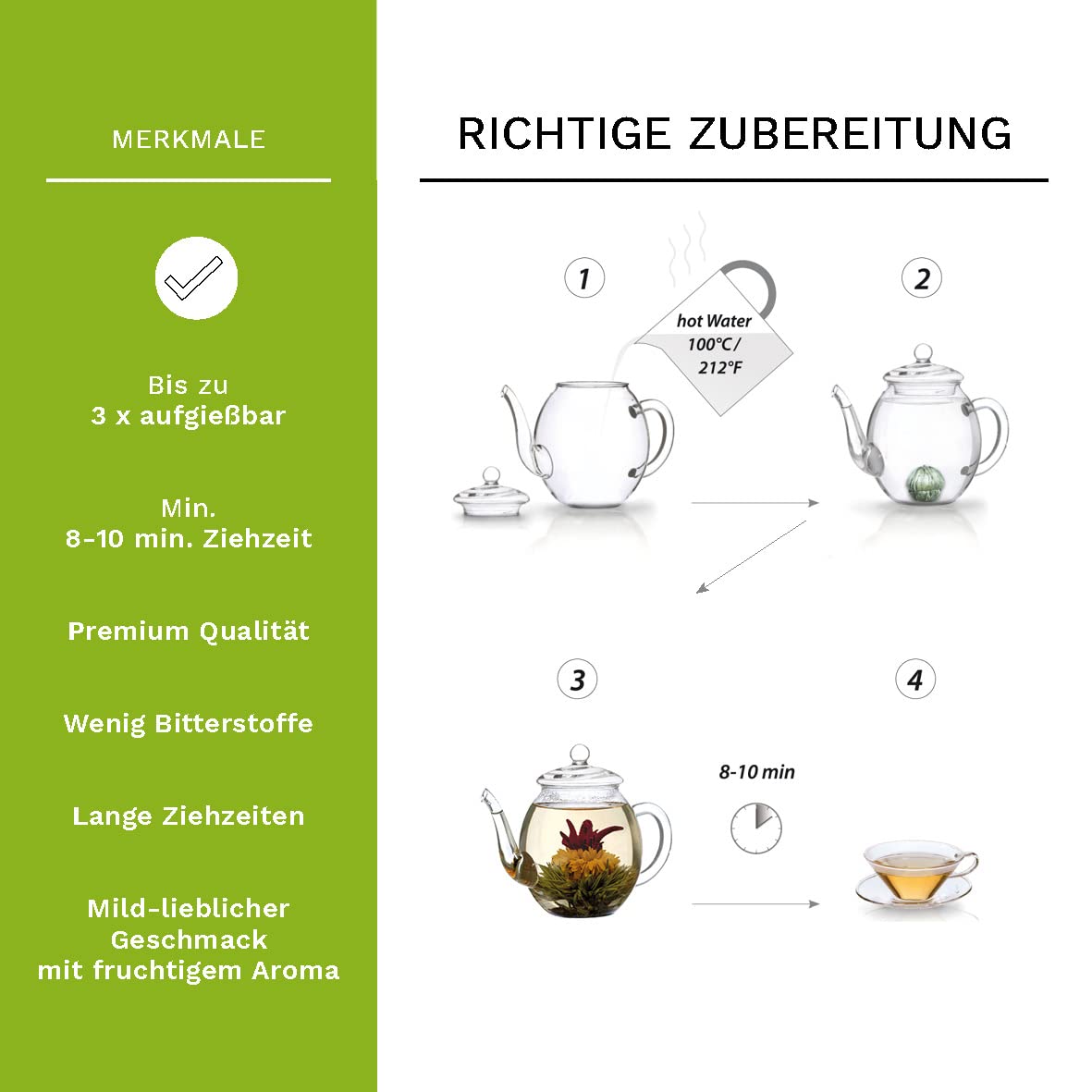 Creano Teeblumen Geschenkset Erblühtee Mit Glaskanne - Grüner Tee Fruchtig Aromatisiert (Teerosen in 6 Sorten), Blooming Tea, Tee Geschenk Zu Weihnachten Für Frauen, Teeliebhaber