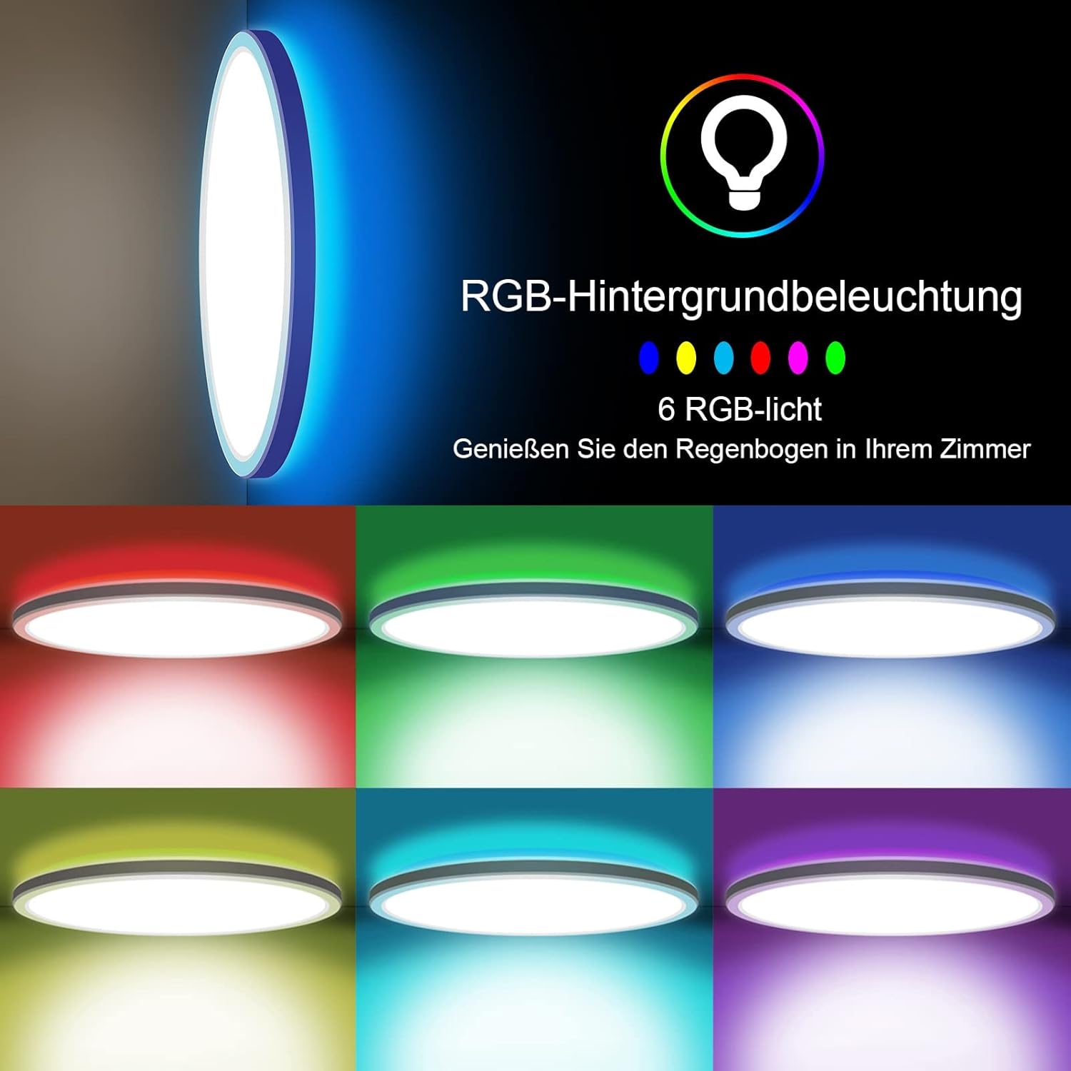 24W LED Sternenhimmel Deckenleuchte Flach Mit Fernbedienung, Dimmbare LED Deckenlampe Mit Einstellbare 3000K-6000K Farbtemperatur Rgb-Hintergrundbeleuchtung, IP54 Wasserdicht, 3200LM