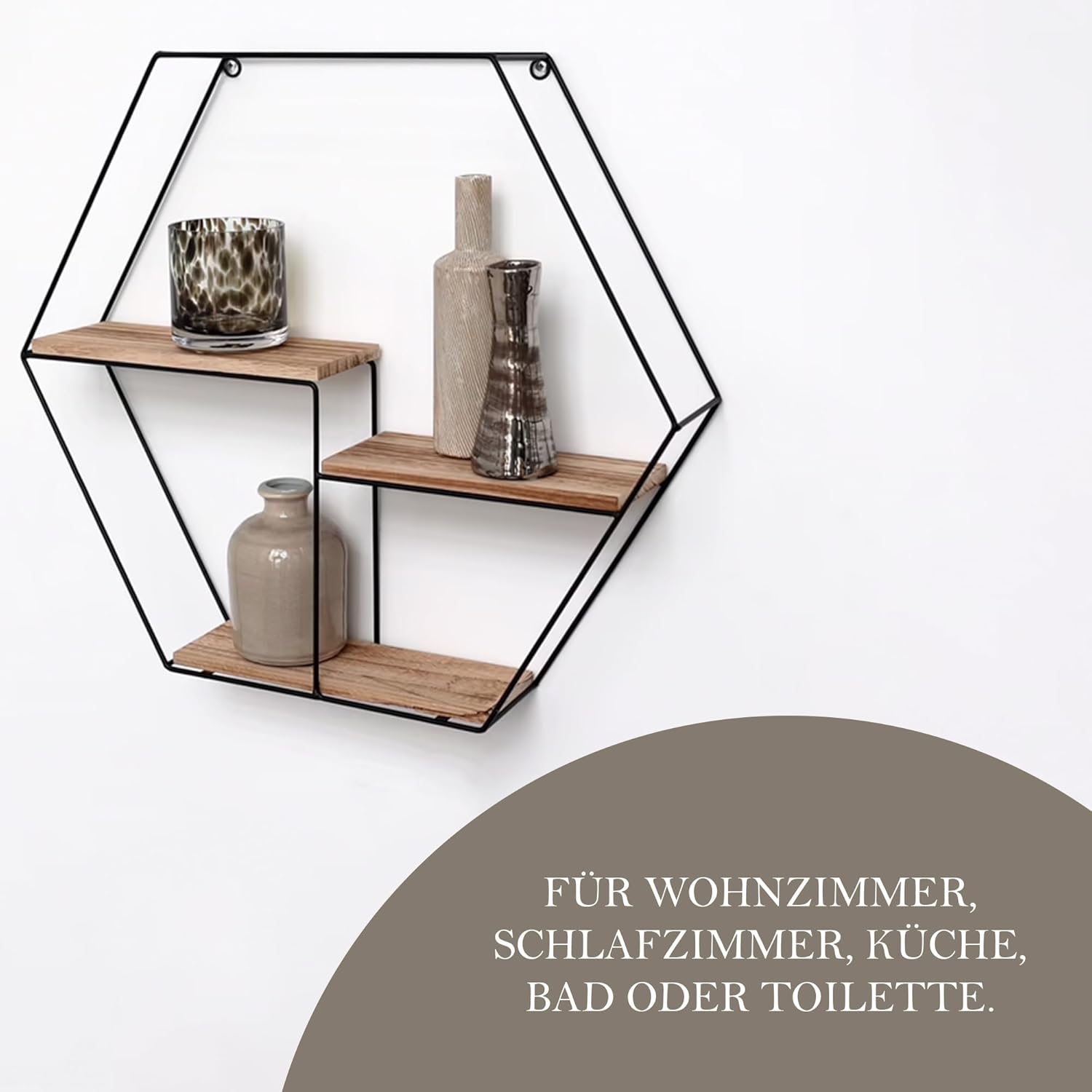 Vivol Metall Wandregal Schwarz Mit 3 Holzböden - Sechseck - 48X55X10 Cm - Hängend Metallregal - Wanddeko Für Wohnzimmer, Schlafzimmer Und Kinderzimmer