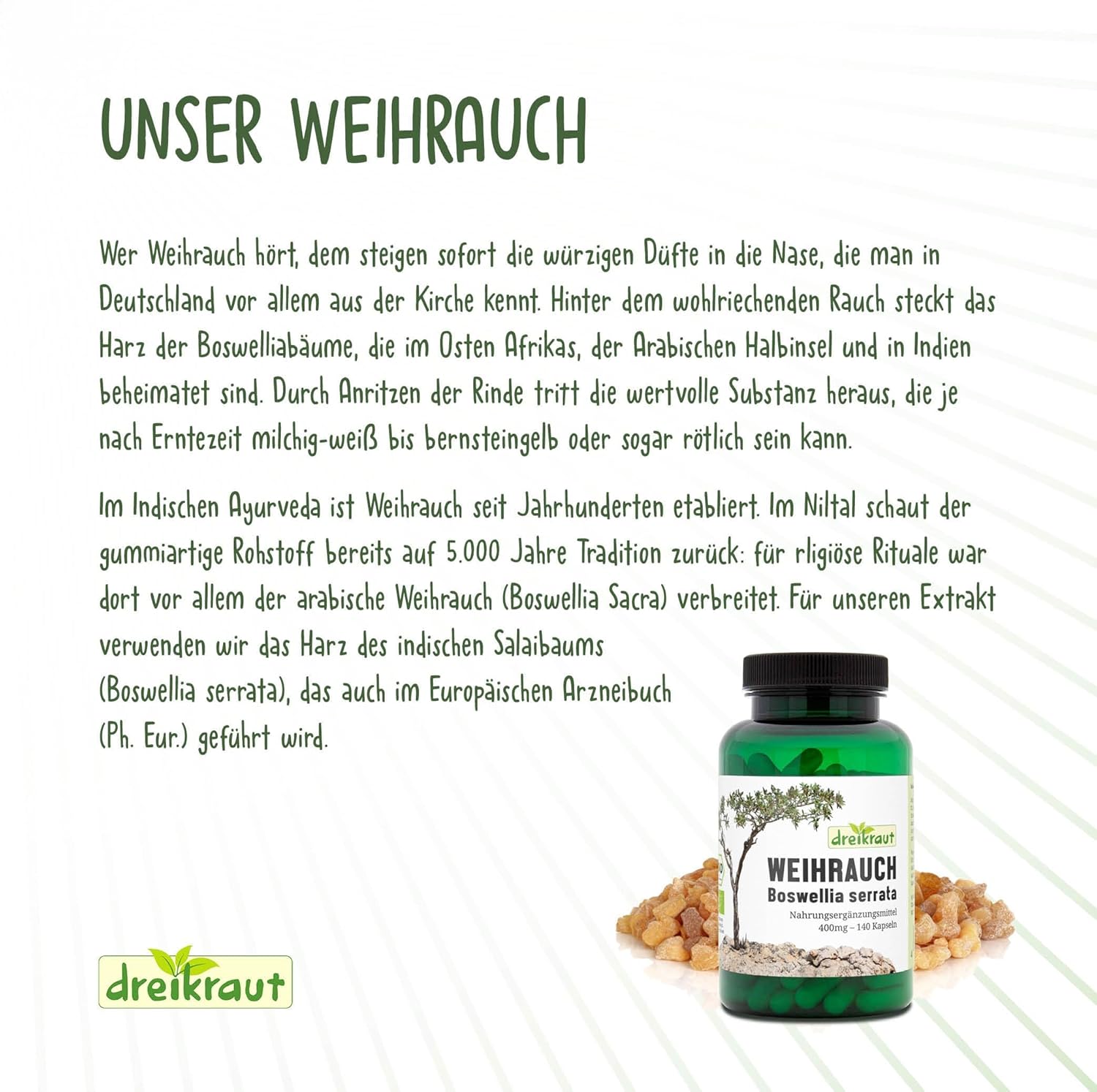 Weihrauch-Kapseln BIO, 140 Stück, 400Mg, Hochdosiert, Boswellia Serrata, 1600Mg Je Tagesdosis, 65% Boswellia-Säuren, 100% Indischer Weihrauchextrakt Ohne Zusätze, Deutsche Herstellung