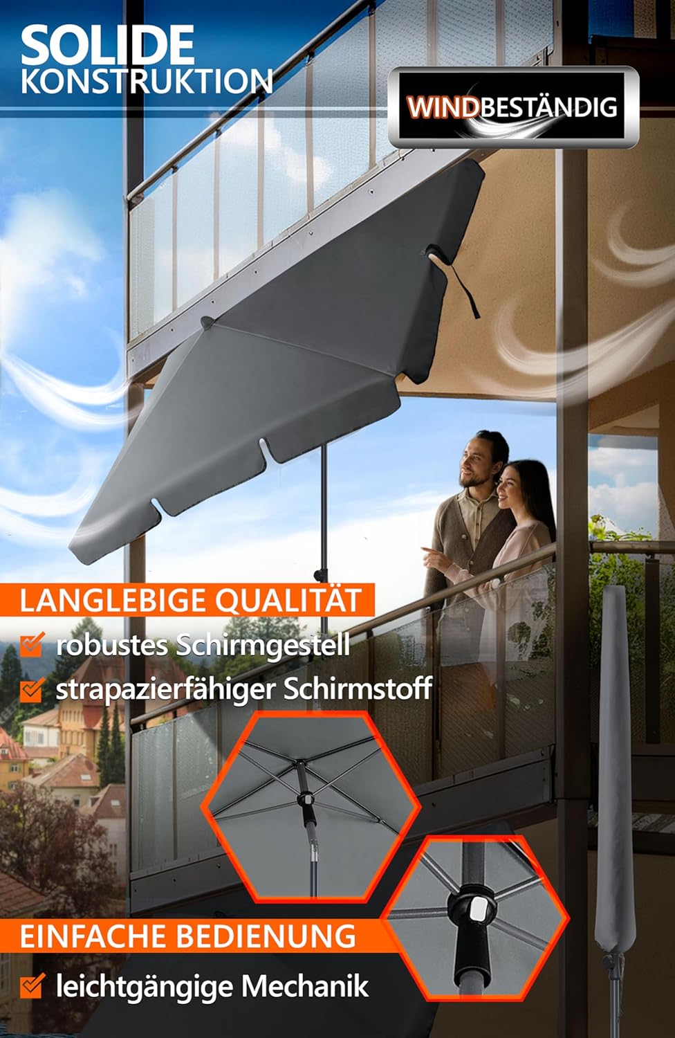 4Smile Sonnenschirm Balkon Sunnyshade, 200 X 125 Cm, Anthrazit - UPF 50+ Sonnenschirm Rechteckig Als Sonnenschutz Balkon - Balkon-Schirm Mit Sonnenschirm Schutzhülle