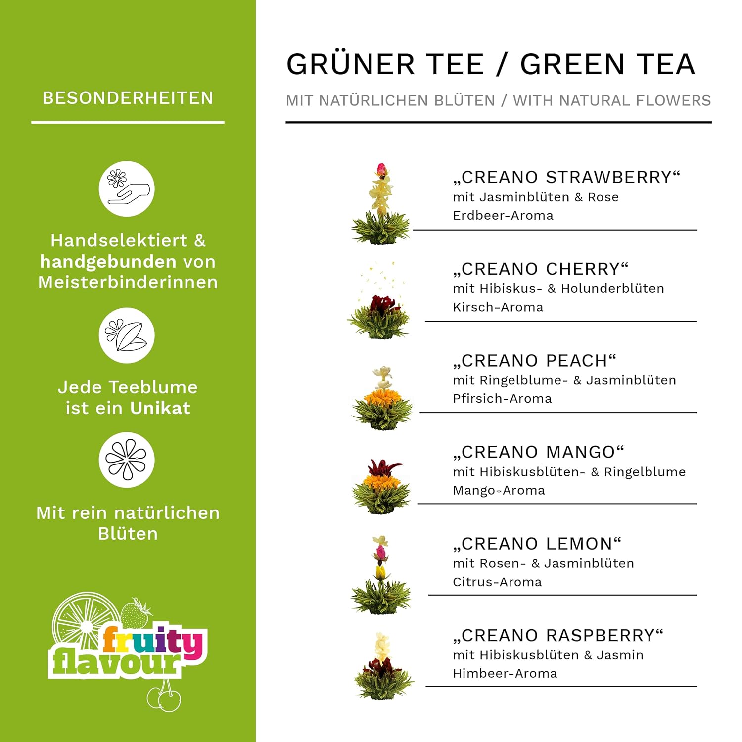 Creano Teeblumen Geschenkset Erblühtee Mit Glaskanne - Grüner Tee Fruchtig Aromatisiert (Teerosen in 6 Sorten), Blooming Tea, Tee Geschenk Zu Weihnachten Für Frauen, Teeliebhaber