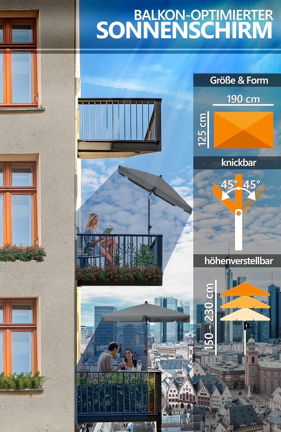 4Smile Sonnenschirm Balkon Sunnyshade, 200 X 125 Cm, Anthrazit - UPF 50+ Sonnenschirm Rechteckig Als Sonnenschutz Balkon - Balkon-Schirm Mit Sonnenschirm Schutzhülle